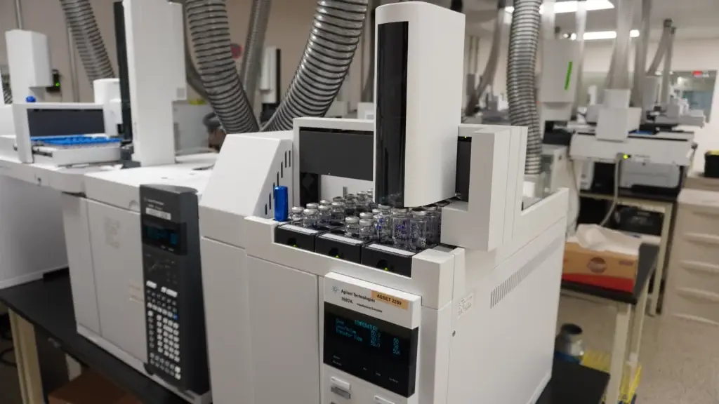 Gas chromatography headspace analytical testing equipment used for pharmaceutical and chemical laboratory analysis